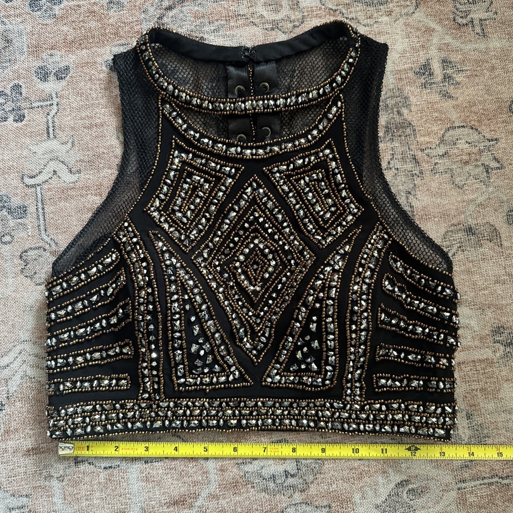 Beaded Mesh Crop Top Lace Up Back Black Silver Bronze Festival Rave Sz 8 M